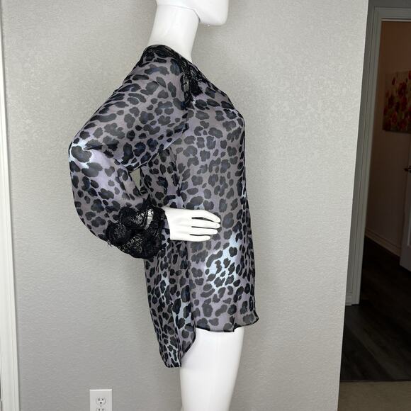 Hale Bob Top Size M Top Leopard Print Chiffon Lace Button Up Sheer Blouse - Picture 5 of 7